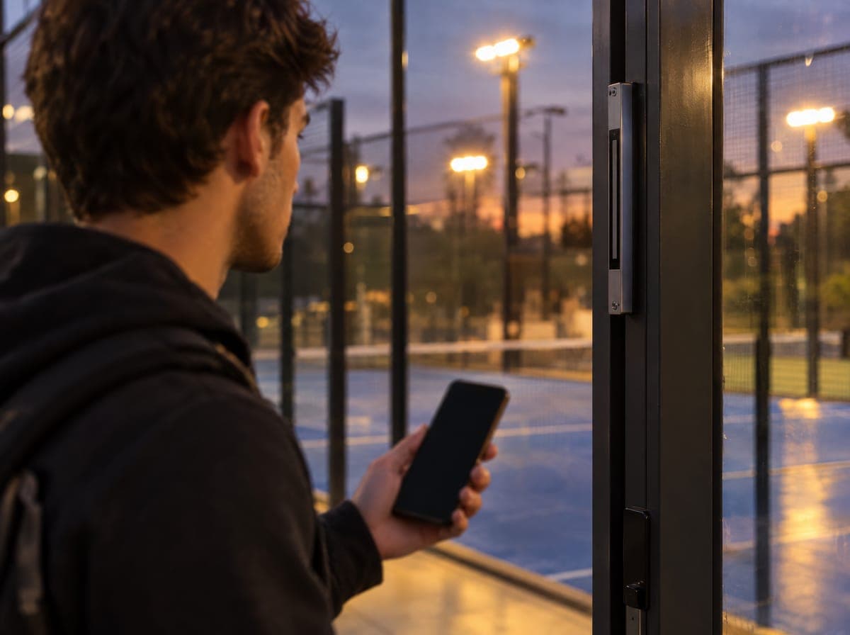 Persona abriendo la puerta de la cancha con el teléfono
