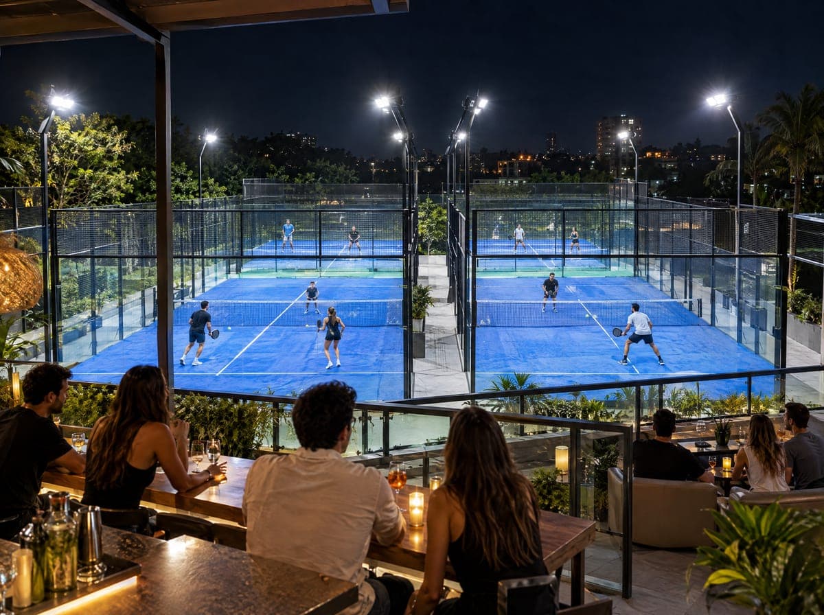 Club de pádel de noche con las canchas iluminadas