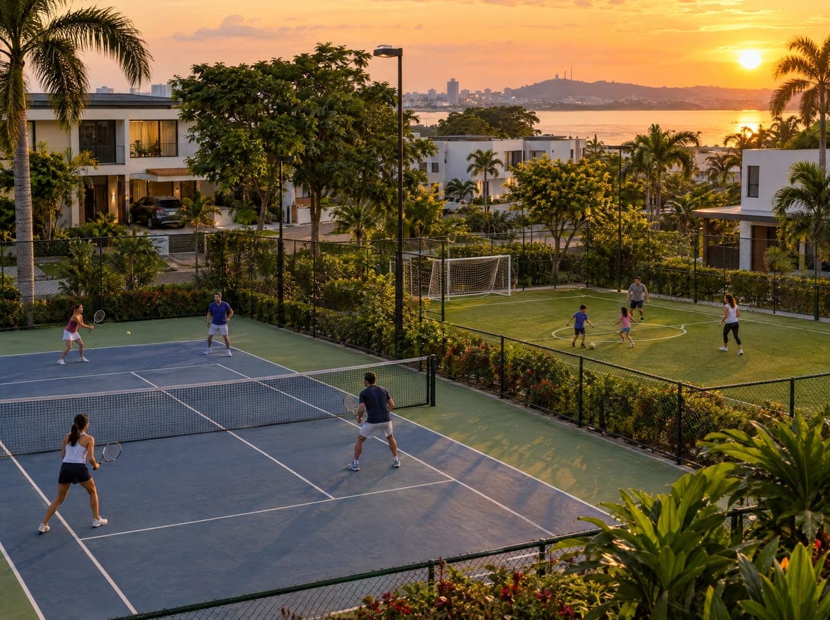Familias jugando en las canchas de una urbanización al atardecer