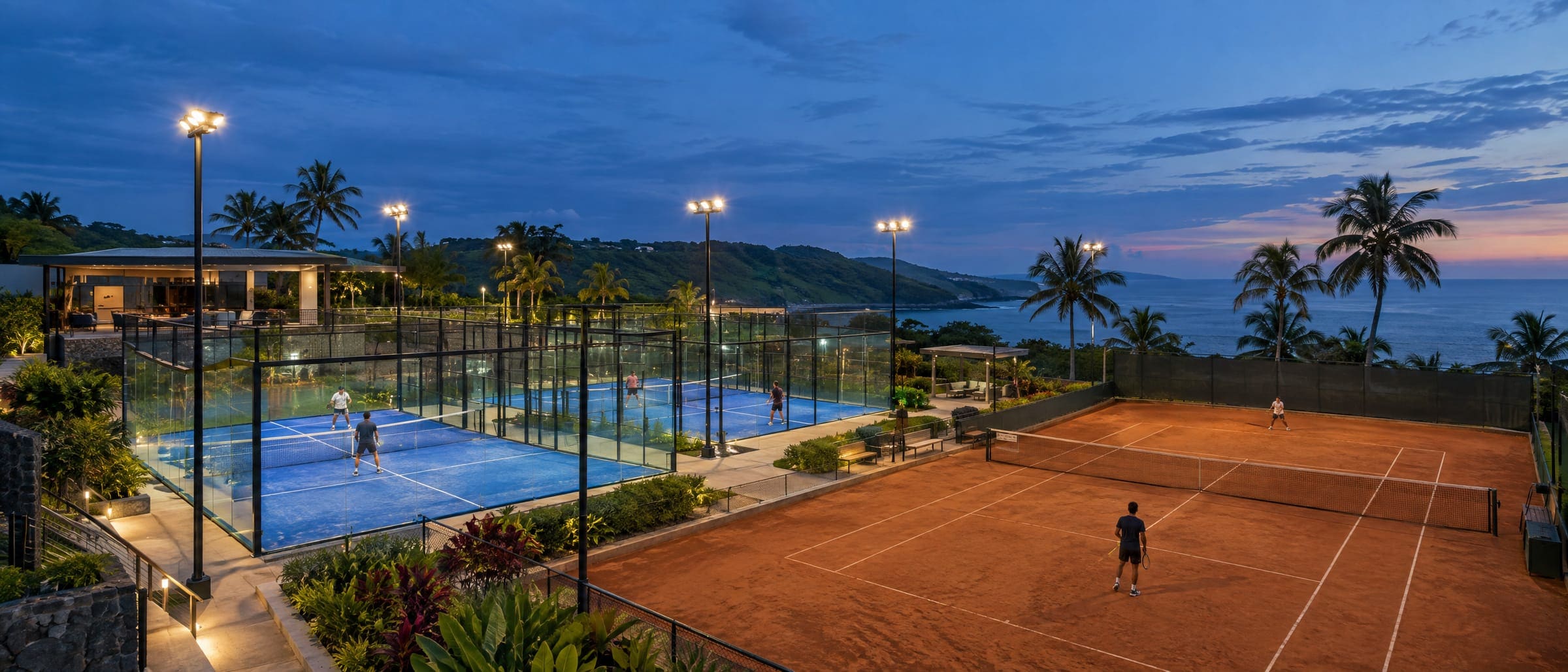 Complejo de pádel y tenis al atardecer con las luces encendidas